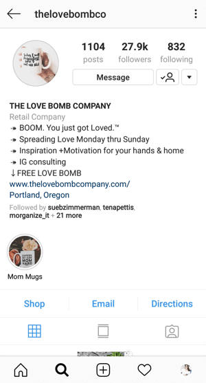 Beispiel einer Instagram-Business-Profil-Biografie mit Angebot von @thelovebombco.