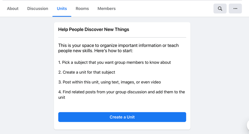 Option zum Erstellen einer Einheit auf den Facebook-Einheiten erstellen eine Einheitsregisterkarte
