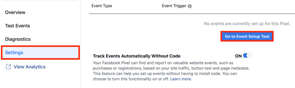 Verwenden Sie das Facebook Event Setup Tool, Schritt 2, Gehen Sie zur Schaltfläche Event Setup Tool auf der Registerkarte Einstellungen