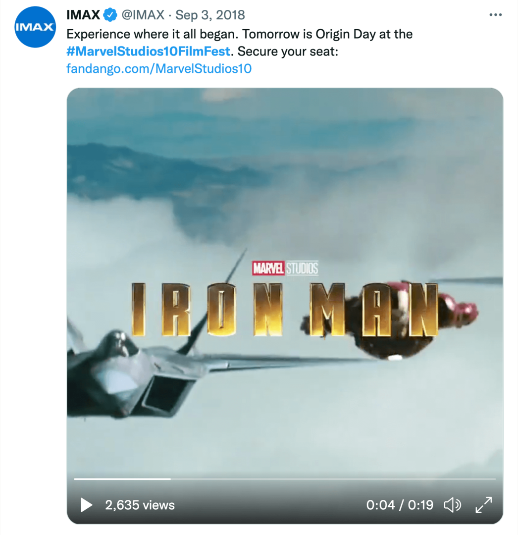 Bild des IMAX-Tweets über das 10-jährige Filmfestival der Marvel Studios