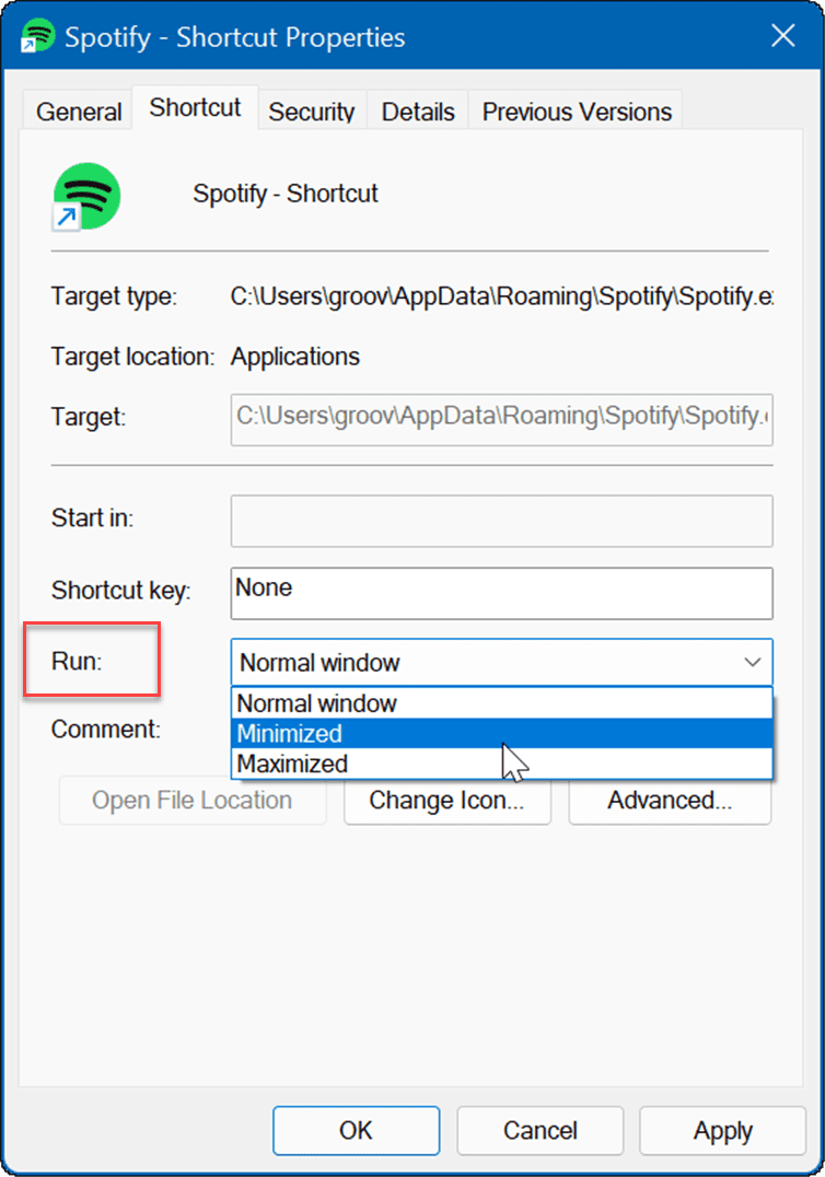 Verknüpfungseigenschaften starten Apps während des Starts unter Windows 11