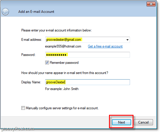 Geben Sie die Anmeldeinformationen für das E-Mail-Konto in Windows Live Mail ein