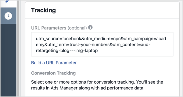 Fügen Sie im Anzeigenmanager Ihre Tracking-Parameter (alles nach dem Fragezeichen) zum Feld URL-Parameter hinzu.