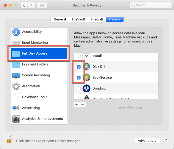 Autorisieren des vollständigen Laufwerkszugriffs auf Disk Drill unter macOS
