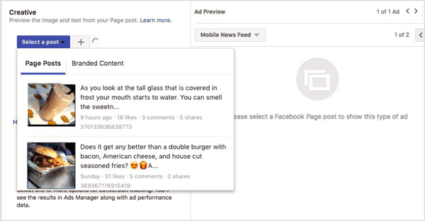 Wählen Sie einen Beitrag für eine Facebook-Engagement-Anzeige aus.