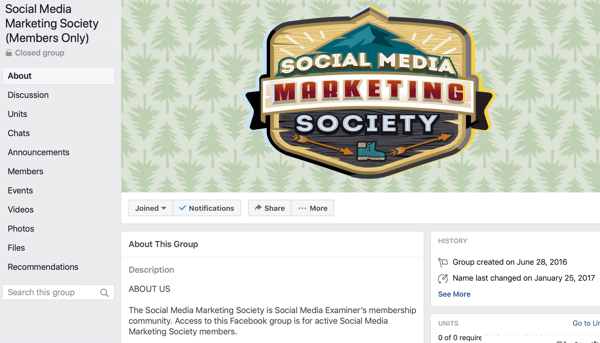 Verwendung der Funktionen von Facebook-Gruppen, Beispiel einer Facebook-Gruppenseite für die Social Media Marketing Society