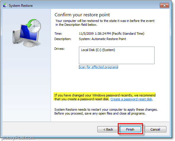 So bestätigen Sie, dass Sie Windows 7 mit einem Wiederherstellungspunkt wiederherstellen, und erstellen eine Kennwortrücksetzdiskette