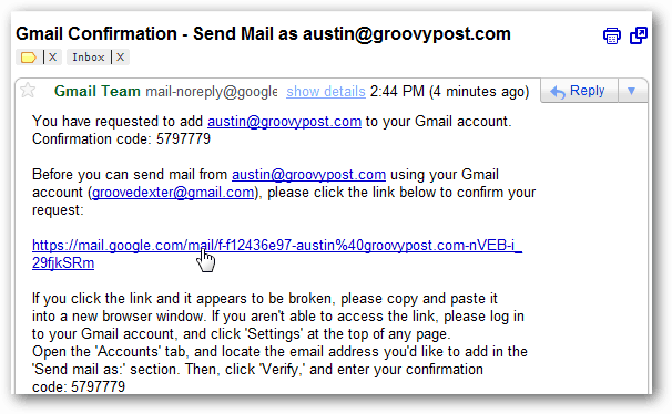 Google Mail-Posteingang - Bestätigungs-E-Mail
