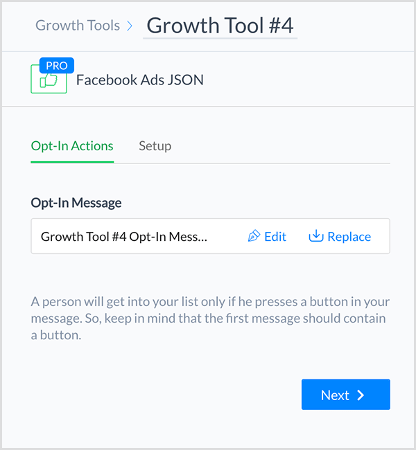 Laut Molly Pittman können Sie mit dem JSON Growth Tool von ManyChat Facebook Ads eine Facebook-Anzeige mit Ihrem Chatbot verbinden.