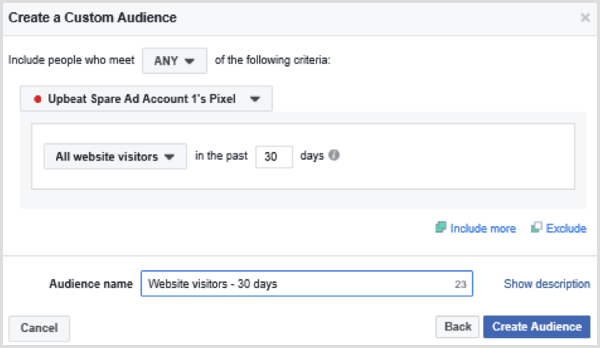 Wählen Sie Optionen, um eine benutzerdefinierte Facebook-Zielgruppe aller Website-Besucher in den letzten 30 Tagen einzurichten