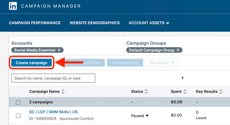 Beispiel für ein Dashboard für Anzeigen im Linkedin-Kampagnenmanager mit hervorgehobener Schaltfläche "Kampagne erstellen"