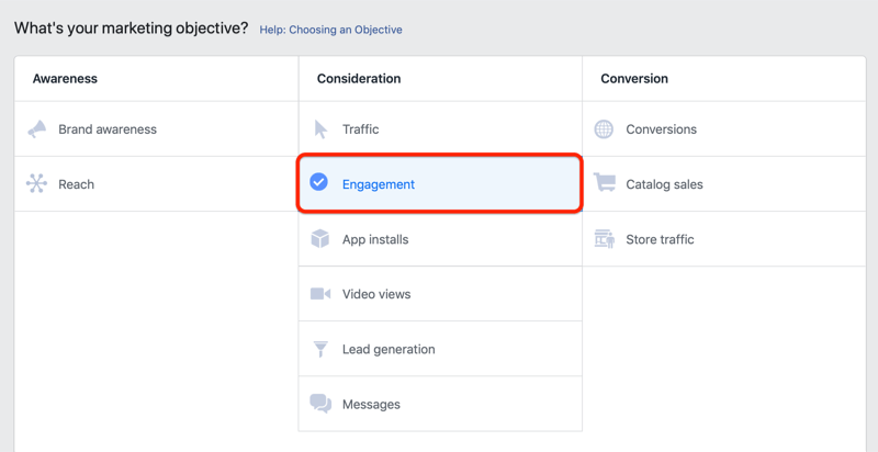 Schritt 1 zum Einrichten einer Facebook-Engagement-Kampagne zur Förderung der Kundenumfrage
