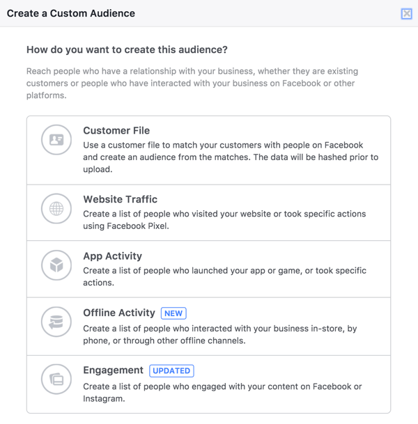 Wählen Sie im Facebook-Zielgruppen-Tool "Engagement" aus, um eine Zielgruppe von Personen zu erstellen, die Ihre Live-Videos angesehen haben.