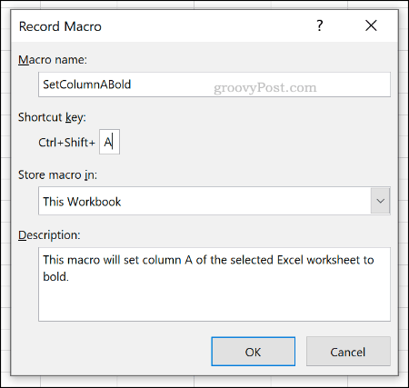 Das Optionsmenü "Makro aufzeichnen" in Excel