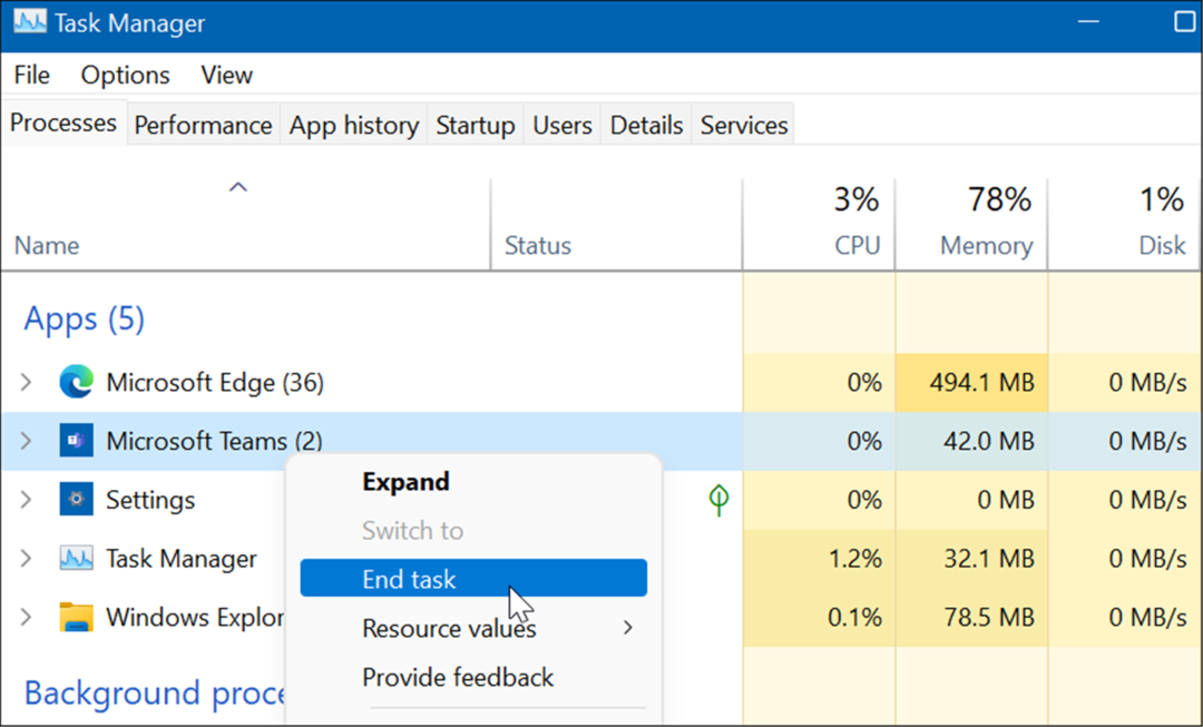 Aufgabenmanager von Microsoft Teams beenden