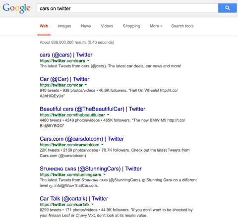 Das Twitter-Profil führt zur Google-Suche nach Autos auf Twitter