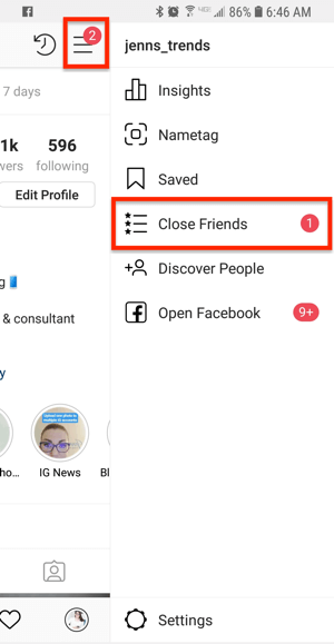 Option für enge Freunde aus einem Instagram-Profil.