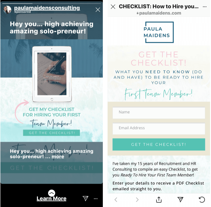 Screenshot einer Instagram Stories-Anzeige mit einer kostenlosen Checkliste für die Einstellung Ihres ersten Teammanagers