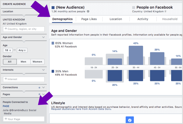 Zeigen Sie demografische Details für das Publikum an, das eine bestimmte Facebook-Seite mag.