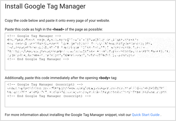 Installationscode für Google Tag Manager auf der Website