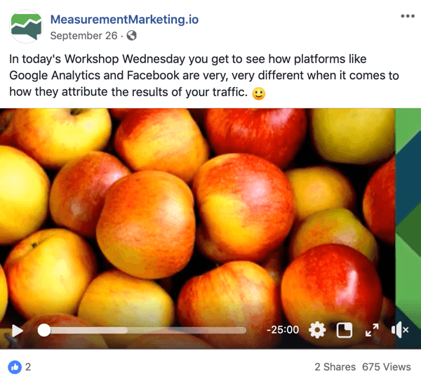 Dies ist ein Screenshot eines Facebook-Beitrags von der Seite MeasurementMarking.io. Der Beitrag zeigt auch ein Video, das für den Mittwochsmagneten von Chris Mercer's Workshop am Mittwoch wirbt. Benutzer, die das Video ansehen oder darauf klicken, haben möglicherweise ein Bekanntheitsziel erreicht.