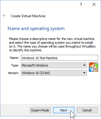 02 Benennen Sie die neue virtuelle Maschine (Windows 10-Installation)