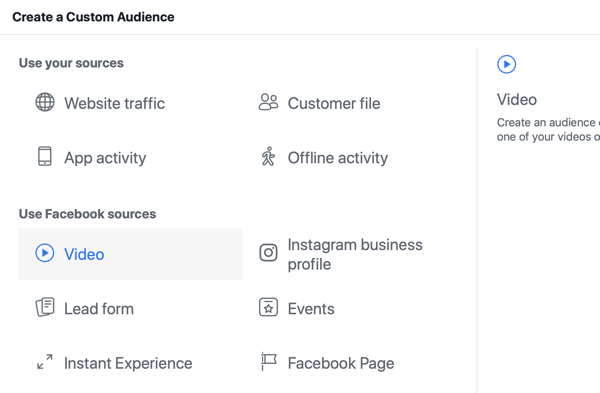 So bewerben Sie Ihr Live-Event auf Facebook, Schritt 8, erstellen Sie im Facebook Ads Manager eine benutzerdefinierte Zielgruppe basierend auf Videoansichten