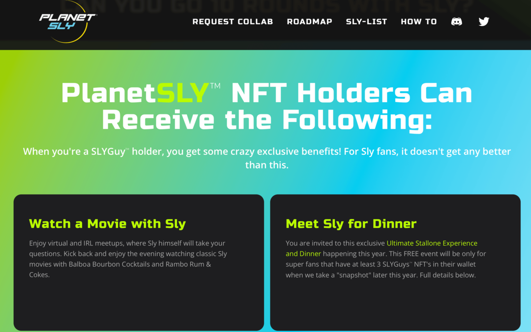 Bild der PlanetSly-Website, das die Vorteile für SLYGuy NFT-Inhaber erklärt