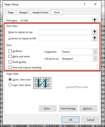 Seiteneinrichtungsoptionen in Excel