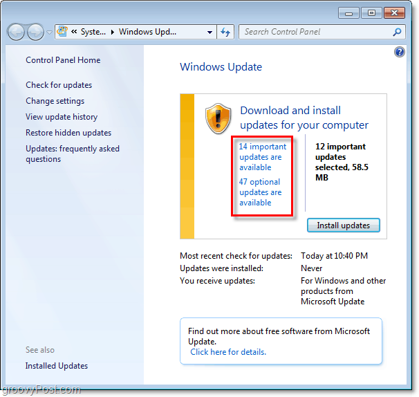 Windows 7 - Screenshot der Windows Update-Seite