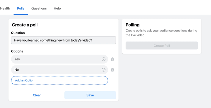 Facebook Live Stream Option zum Erstellen einer Umfrage