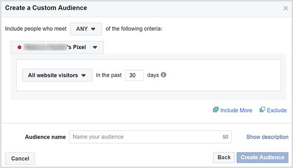 Das Dialogfeld "Benutzerdefinierte Zielgruppe erstellen" von Facebook bietet die Möglichkeit, Anzeigen innerhalb einer bestimmten Anzahl von Tagen auf alle Website-Besucher auszurichten.