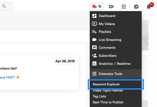 So verwenden Sie eine Videoserie, um Ihren YouTube-Kanal zu erweitern, Menüoption für das Keyword-Explorer-Tool von TubeBuddy