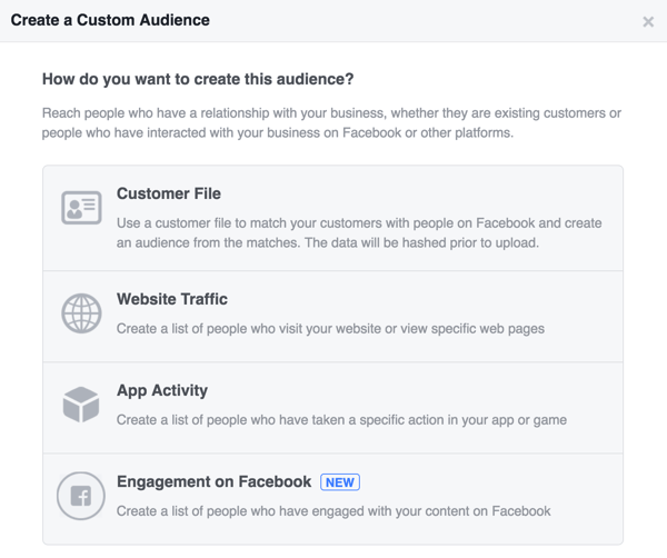 Wählen Sie aus, wie Sie Ihre benutzerdefinierte Facebook-Zielgruppe erstellen möchten.