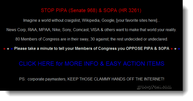 Google, Wikipedia unter den Websites, die heute "dunkel werden", um gegen vorgeschlagene Gesetzesvorlagen zur Bekämpfung von Piraterie im Kongress zu protestieren