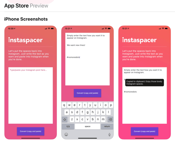 Instaspacer App für Instagram Bildunterschriften