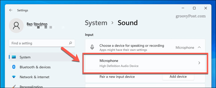 Öffnen Sie das Mikrofongerät in den Windows 11-Soundeinstellungen