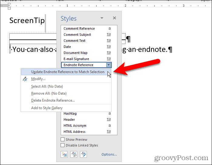 Wählen Sie Endnotenreferenz aktualisieren aus, um die Auswahl in Word abzugleichen