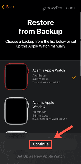 Apple Watch Backup auswählen