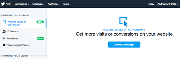 Wählen Sie die Option Website-Klicks oder Conversions, um Ihre Twitter-Anzeige einzurichten.