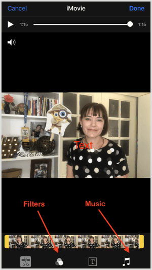 Tippen Sie auf die Werkzeuge am unteren Bildschirmrand, um Filter und Musik in iMovie hinzuzufügen.