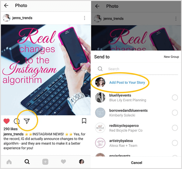 Suchen Sie nach der Option "Beitrag zu Ihrer Story hinzufügen", um festzustellen, ob Sie Zugriff auf die Funktion zum erneuten Teilen von Instagram haben.