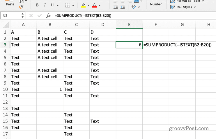 Verwenden von SUMPRODUCT mit ISTEXT in Excel