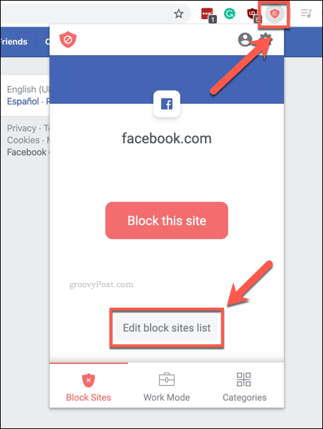 Die Option "Block Sites-Liste bearbeiten" der Chrome BlockSite-Erweiterung