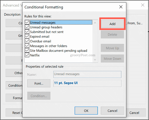 Klicken Sie auf Hinzufügen, um eine neue Regel für das bedingte Format in Outlook hinzuzufügen