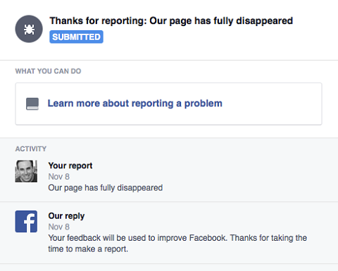 fehlende Facebook-Seite melden