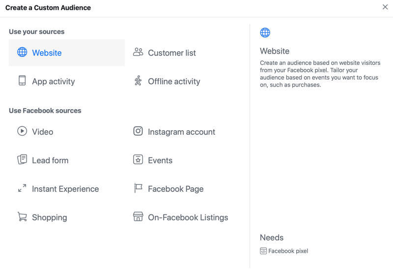 Benutzerdefinierte Zielgruppenmenüoptionen für Facebook-Anzeigen mit ausgewählter Website-Quelloption