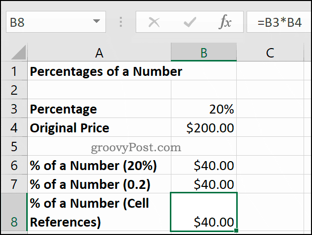 Prozentsätze einer Zahl, angezeigt in Microsoft Excel
