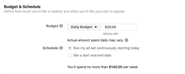 Facebook Ads Manager, Abschnitt Budget & Zeitplan für Anzeigensatz