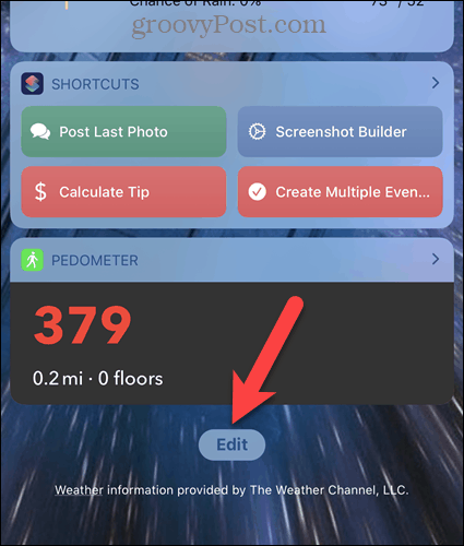 Tippen Sie auf dem Bildschirm iPhone Widgets auf Bearbeiten